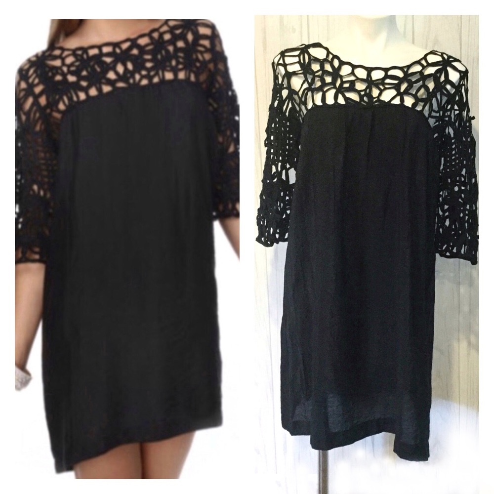 Lulu’s Black Silk Crochet Top Shift Dress L